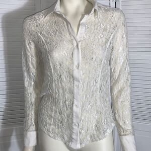 Vintage Y2K Jones New York White Lace Stretch Long Sleeve PoloTop Small‎